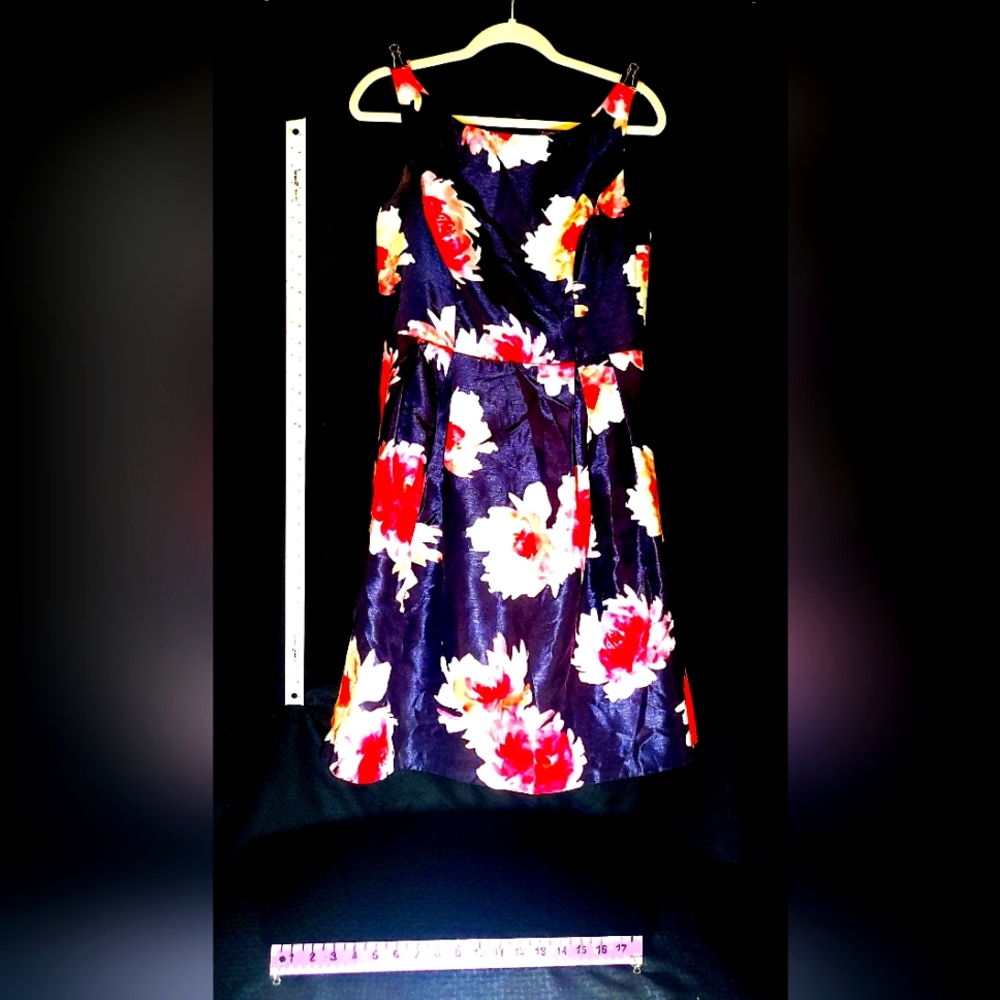 Navy blue and pink floral fit and flare dress